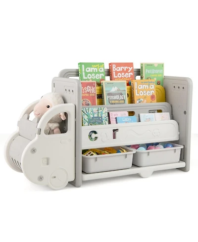 Sugift Car Themed Kids Toy Storage Bookshelf with 3-Tier Shelves and 2 Storage Boxes