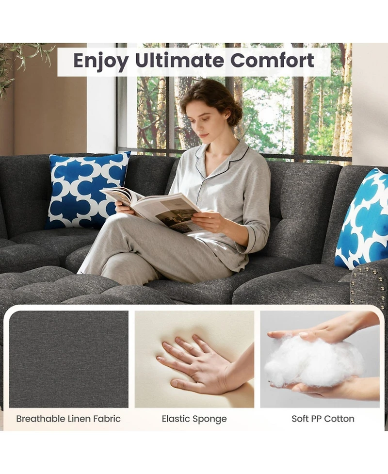 Sugift 98in Sectional Sofa with Movable Storage Ottoman Linen Fabric 98 x 69.5 x 32.5in
