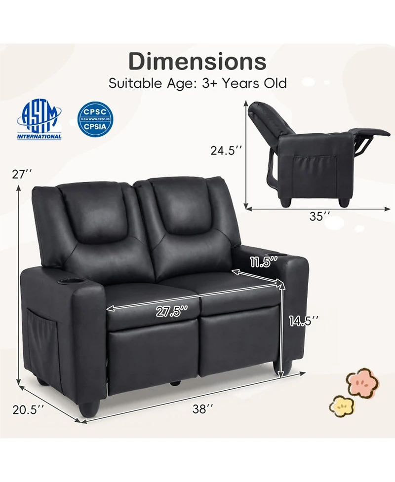 Sugift 2-Seater Kids Recliner Toddler Sofa Chair with 2 Cup Holders