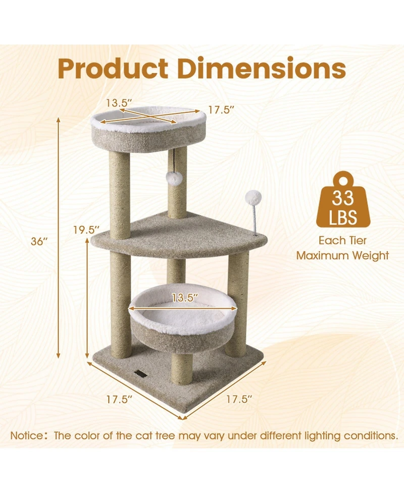 Sugift 36in Carpeted Cat Tree with Plush Perches Scratching Posts and Dangling Ball