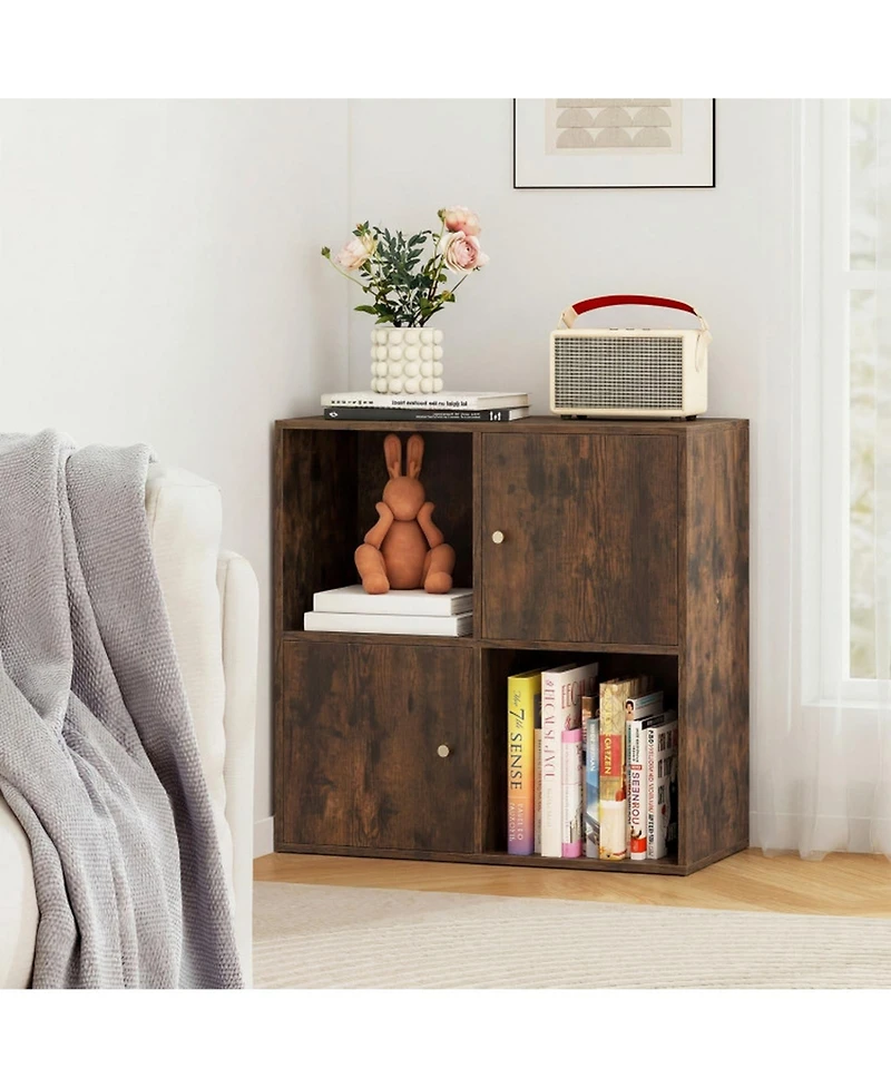 Sugift 4-Cube 3-Tier Bookcase Bookshelf with 2 Cabinets and Dual Anti-Tipping Kits