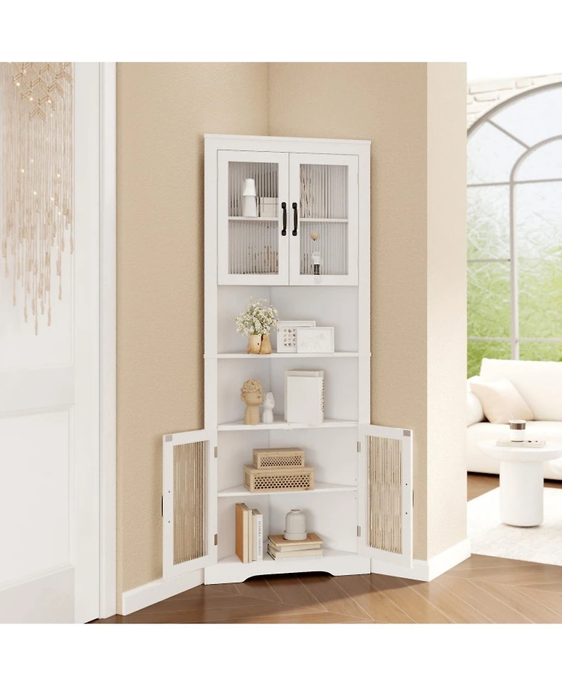 Sugift 67 Inch Tall Triangular Corner Buffet Cabinet with Tempered Glass Doors and 6-Tier Storage