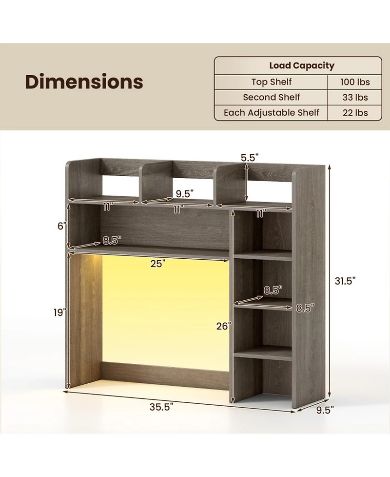 Sugift 35.5 Inch Desktop Bookshelf with Led Lights Desk Hutch Storage Organizer