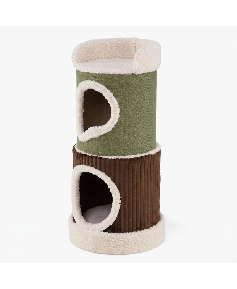 Sugift 3-Level Barrel Cat House with Top Perch Double Condos and Stable Base