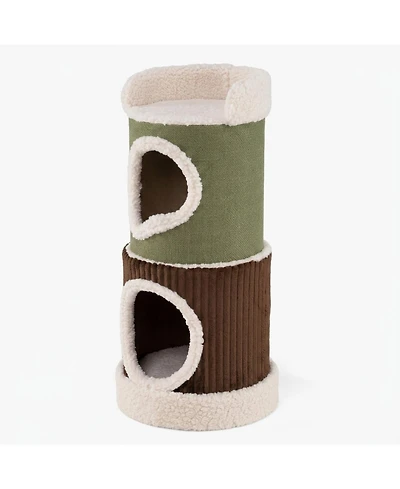 Sugift 3-Level Barrel Cat House with Top Perch Double Condos and Stable Base