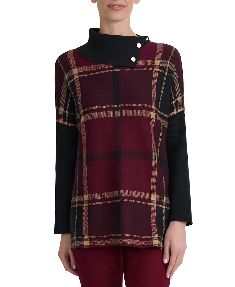 Jones New York Women's Plaid Split-Neck Poncho Sweater