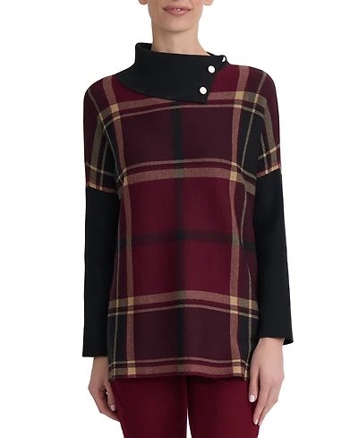 Jones New York Women's Plaid Split-Neck Poncho Sweater