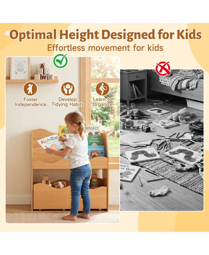 Sugift Kids Wooden Storage Organizer with 3-Tier Bookshelf and 2 Rolling Drawers for Kids Room
