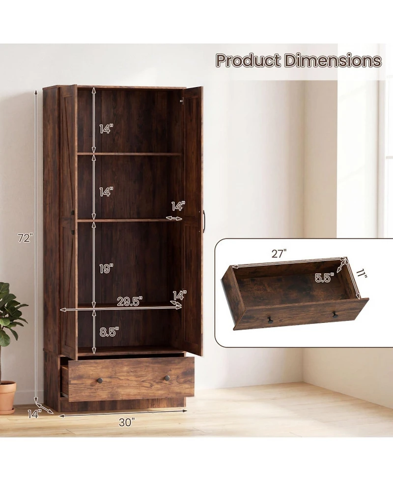 Sugift 72 Inch Tall Farmhouse Wooden Kitchen Pantry Cabinet with 2 Doors and Bottom Drawer