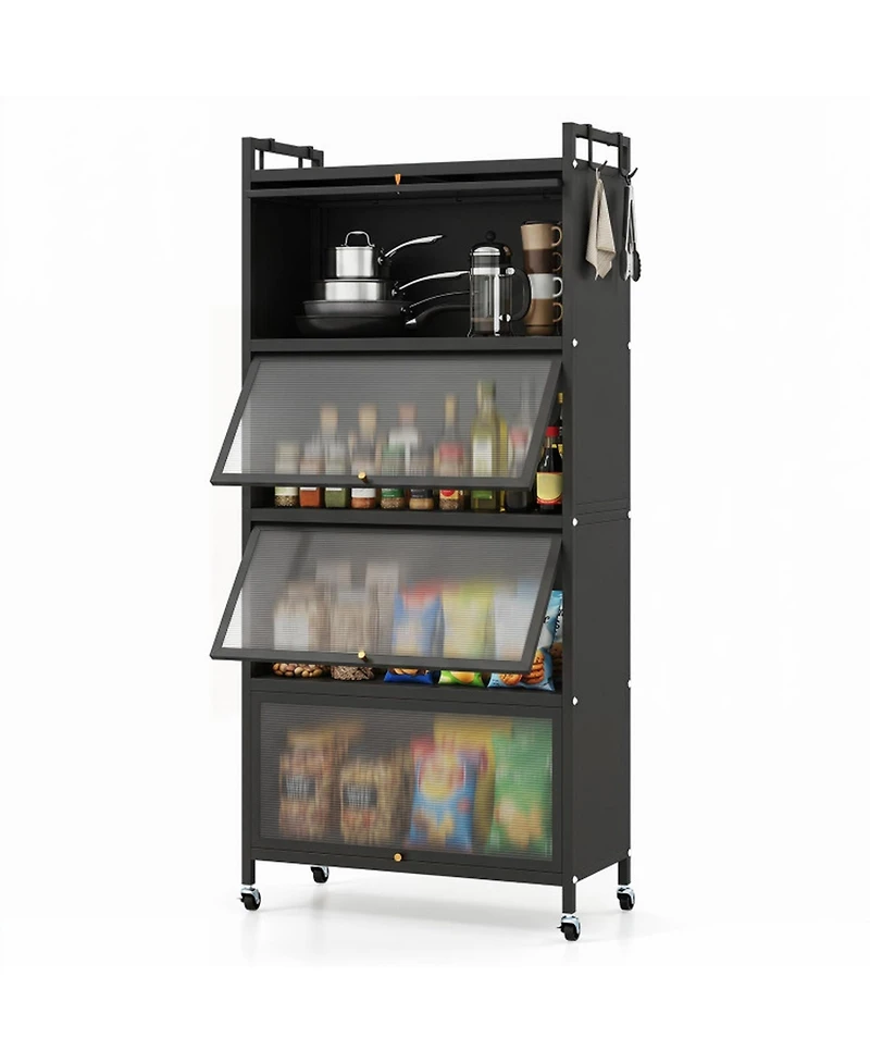 Sugift 5-Tier Kitchen Storage Cabinet with 4 Flip-up Pc Doors Adjustable Feet and Rolling Wheels