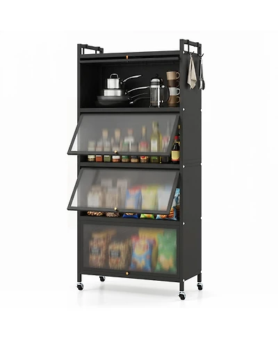 Sugift 5-Tier Kitchen Storage Cabinet with 4 Flip-up Pc Doors Adjustable Feet and Rolling Wheels