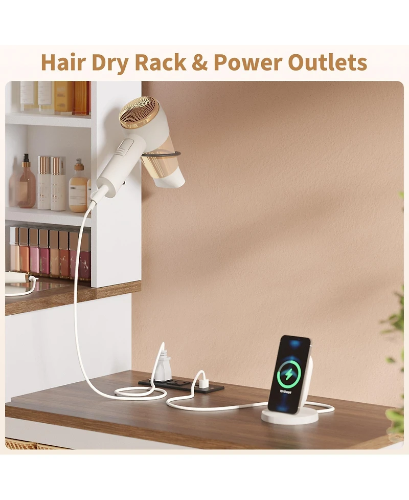 homfan Extendable Vanity Desk with Led Mirror, Power Outlet and 5 Drawers