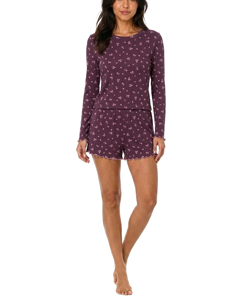 Roudelain Women's Boat Neck Long-Sleeve Top & Shorts, 2-Piece Pajama Set