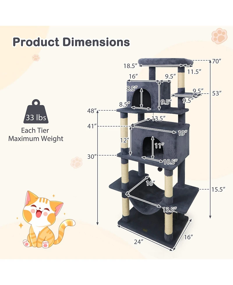 Sugift 70in Tall Cat Tree Tower With Perch Condos and Hammock for Indoor Cats