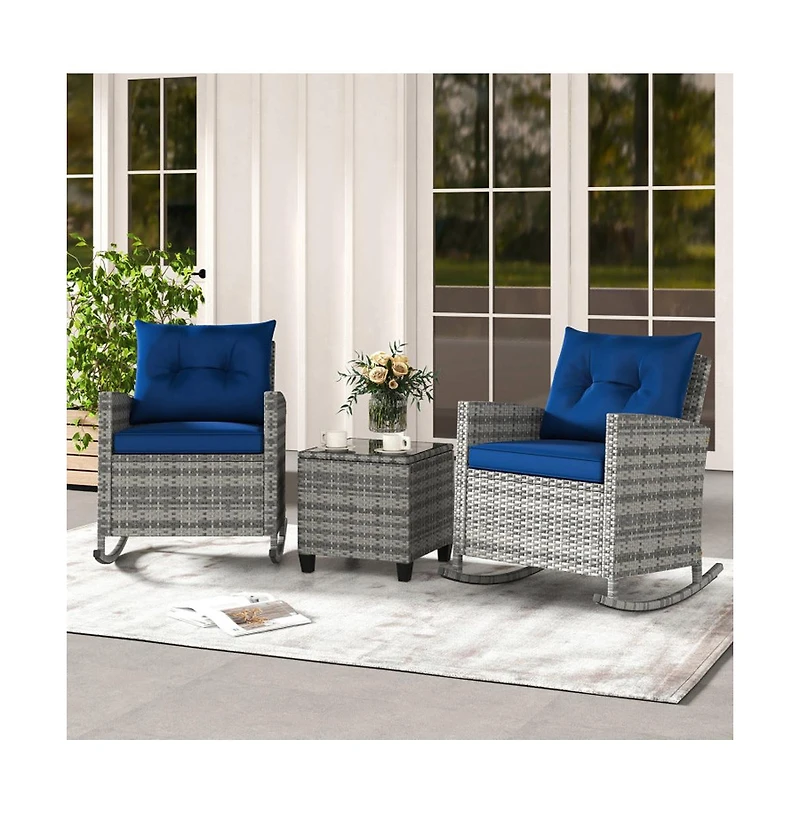 Boyel Living 3 Piece Patio Rattan Roker Chairs with Tempered Glass Table and Soft Cushions