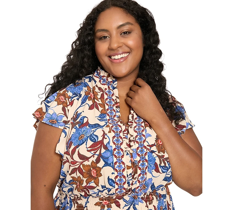 London Times Plus Tiered Flutter-Sleeve Bubble-Crepe Maxi Dress