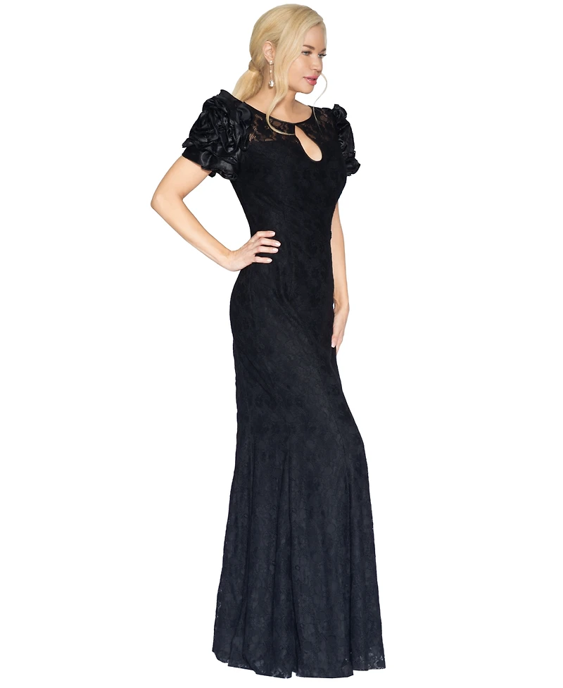 White Tie by Shani Women's Satin Floral-Sleeve Keyhole Lace Gown, Macy's Exclusive