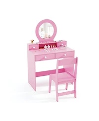 Sugift Kids Princess Vanity Set with Mirror Makeup Dressing Desk and Chair Set