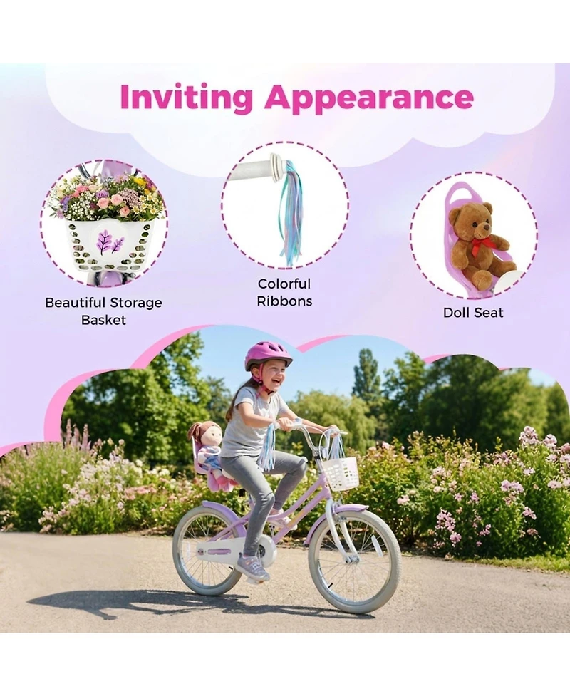 Sugift 20 in Girls Bike Kids Bicycle with Doll Seat Streamers and Basket for 8+ Years Old
