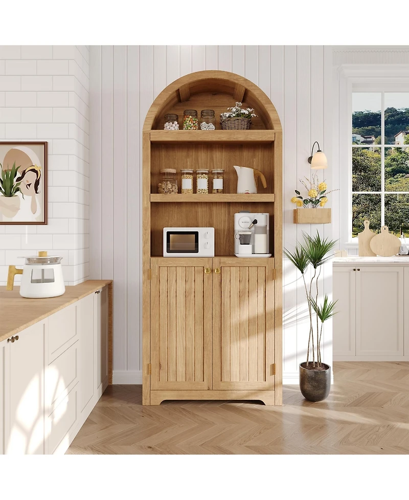 homfan 72 Inch Tall Arched Pantry Cabinet, 5-Tier Cabinet with Door and Handles, Wood Storage for Dining Room, Living Room, Anti-Tip Device Included