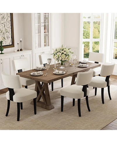homfan Dining Chairs Set of 6 Mid-Century Modern Curved Backrest Chenille Upholstered Seat Hardwood Frame Wooden Legs Armless Kitchen Side Chairs
