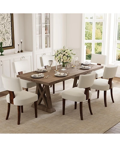 homfan Dining Chairs Set of 6 Mid-Century Modern Curved Backrest Chenille Upholstered Seat Hardwood Frame Wooden Legs Armless Kitchen Side