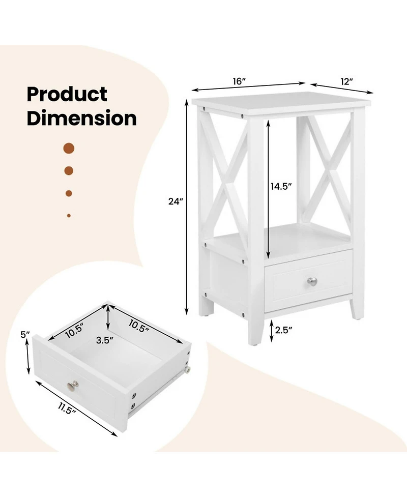 Sugift 2-Tier 16 x 14 in Multifunctional Nightstand with Storage Drawer