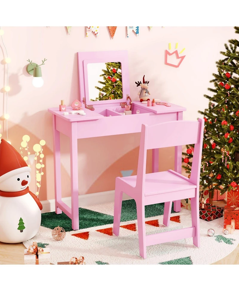 Sugift 2-in-1 Kids Vanity Table and Chair Set with Flip Top Mirror