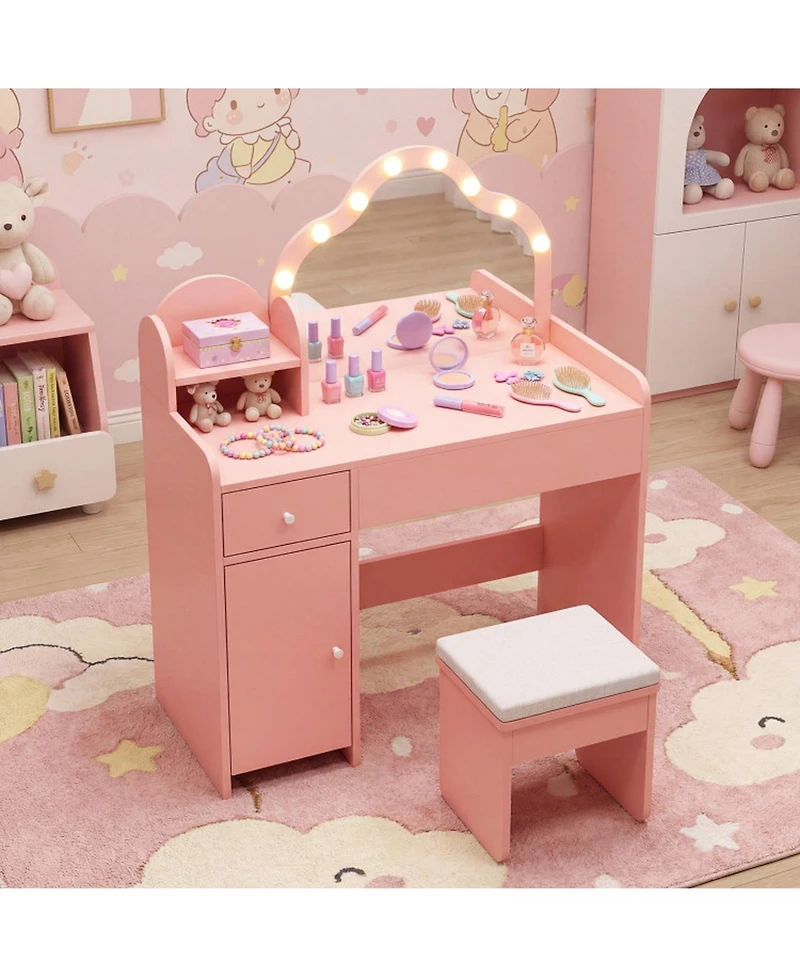 Sugift Kids Vanity Desk with Mirror and Lights Princess Pretend Play Dressing Table