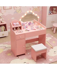 Sugift Kids Vanity Desk with Mirror and Lights Princess Pretend Play Dressing Table