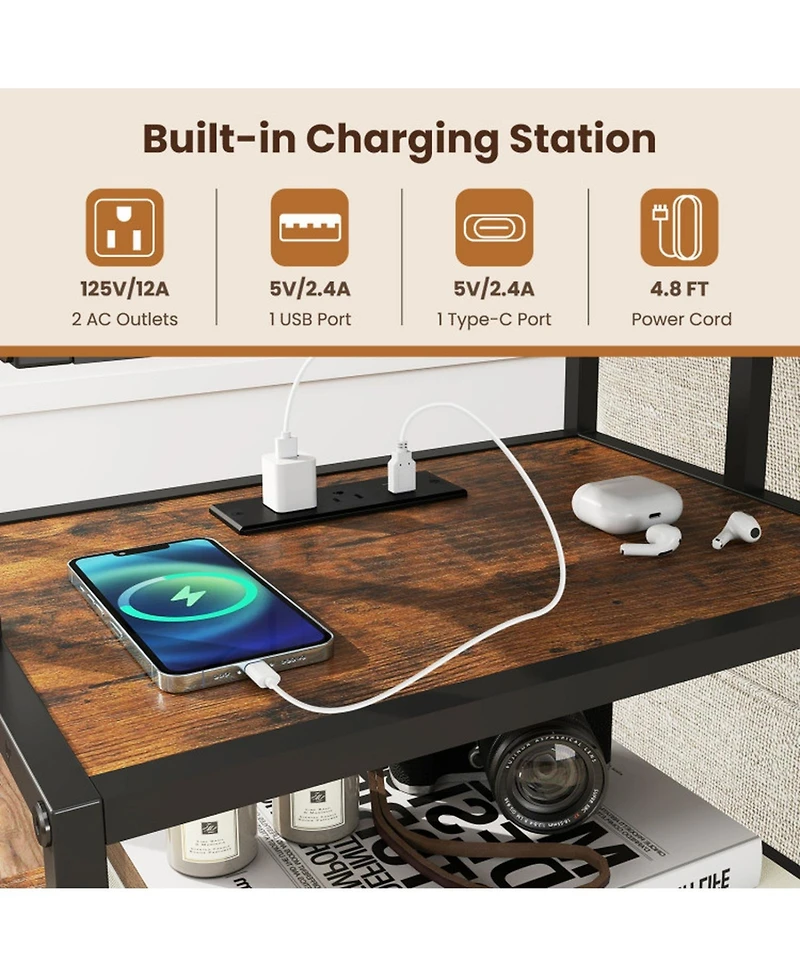 Sugift Set of 2 Nightstands with Charging Station 28 in Tall Bedside Table with Fabric Drawer