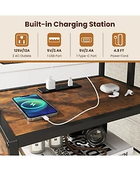 Sugift Set of 2 Nightstands with Charging Station 28 in Tall Bedside Table with Fabric Drawer