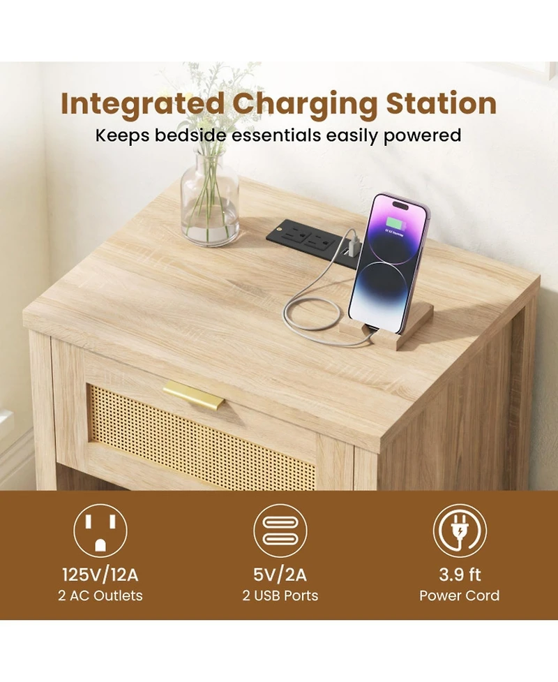 Sugift Rattan Nightstand with Charging Station Drawer and Storage Shelf for Bedroom