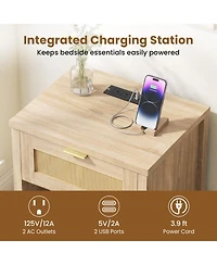 Sugift Rattan Nightstand with Charging Station Drawer and Storage Shelf for Bedroom