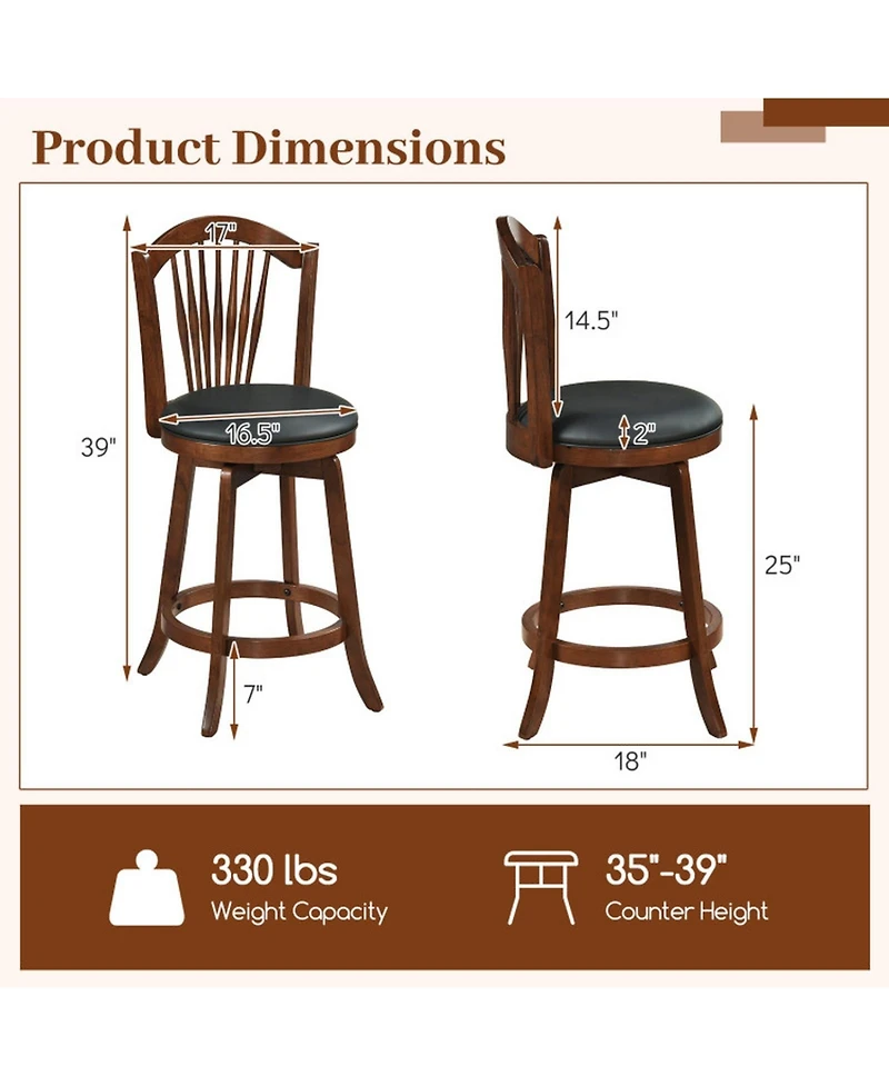 Sugift 24 Inch Swivel Bar Stools with Backrests and Wood Frame for Kitchen Island