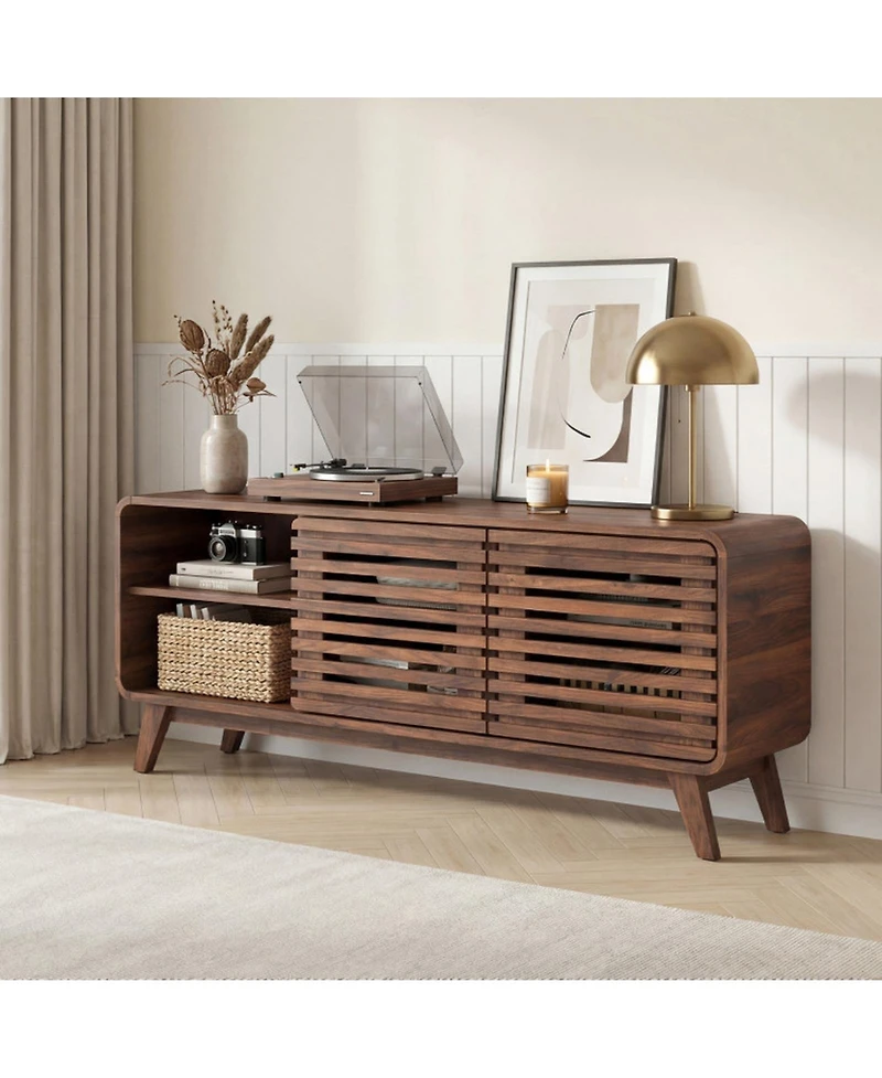 Sugift Mid Century Modern Entertainment Center with Grille-Style Sliding Doors for Living Room