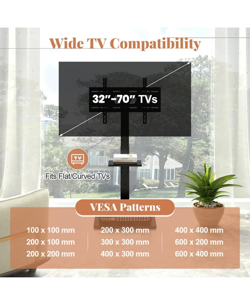 Sugift Tilt and Height Adjustable Tv Stand with Power Outlet and Adjustable Av Shelf 32-70 in