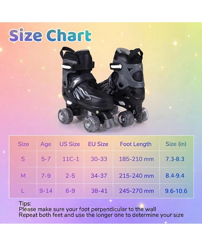 Sugift Kids Adjustable Quad Roller Skates for Girls Boys Teens 4 Sizes with Light-up Wheels