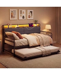 Sugift Twin Size Metal Daybed with Pull-Out Trundle and Upholstered Storage Headboard