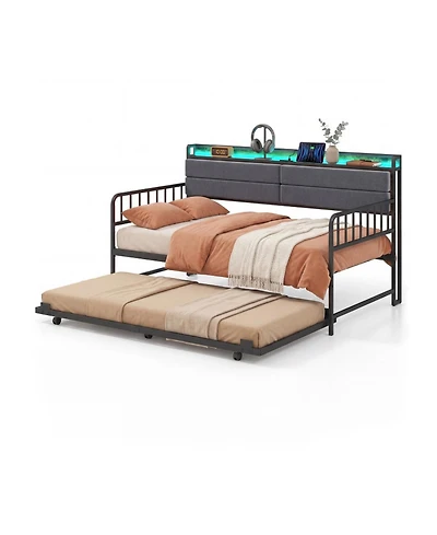 Sugift Twin Size Metal Daybed with Pull-Out Trundle and Upholstered Storage Headboard