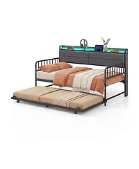 Sugift Twin Size Metal Daybed with Pull-Out Trundle and Upholstered Storage Headboard