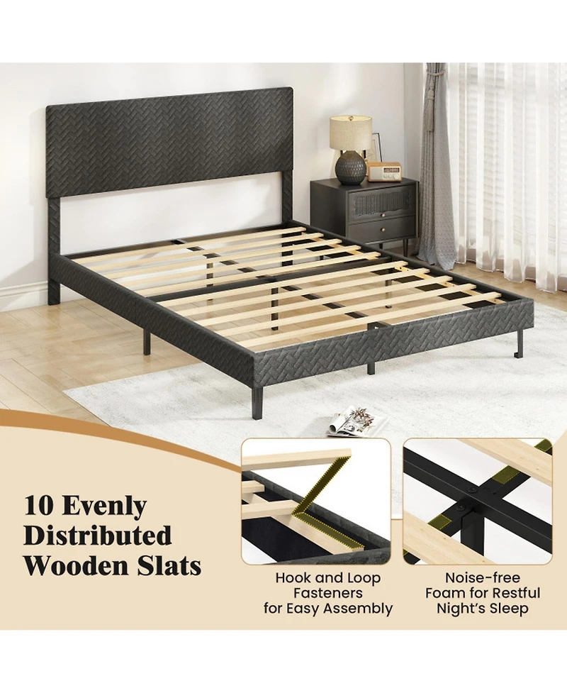 Sugift Queen Size Velvet Upholstered Platform Bed with Adjustable Chevron Headboard