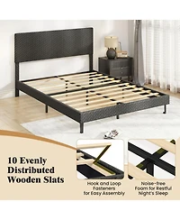 Sugift Queen Size Velvet Upholstered Platform Bed with Adjustable Chevron Headboard