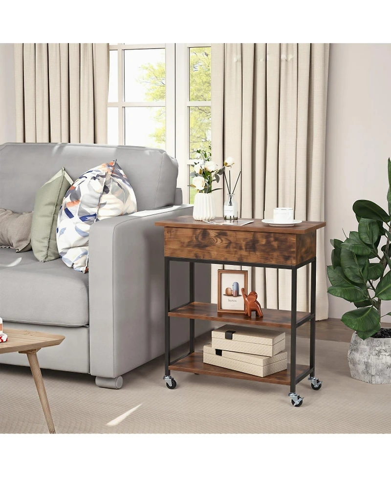 Sugift Lift Top End Table with Hidden Charging Station and Lockable Universal Wheels