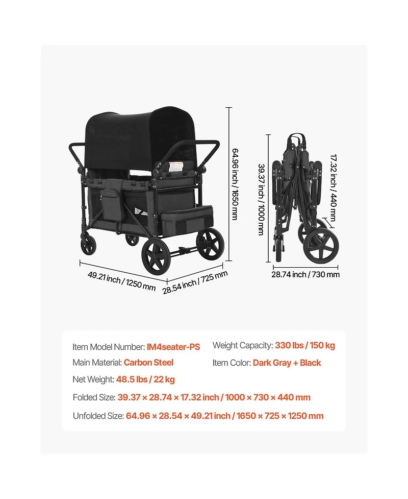 Mountaintop 4-Kid Wagon Stroller, Collapsible Push/Pull Cart with Canopy, Safety Harnesses & Adjustable Handle, 330lb Capacity