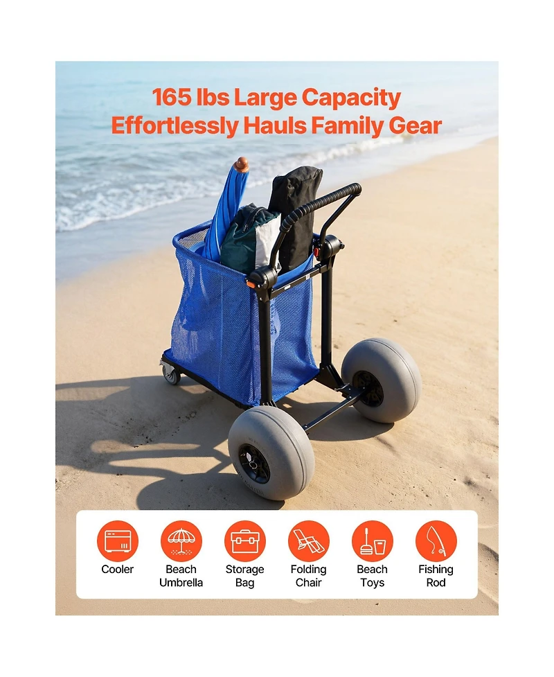 Mountaintop Beach Wagon Cart, 165lb Foldable Utility Wagon with 12" Balloon Sand Wheels, Adjustable Handle & Storage Bag for Camping & Fishing