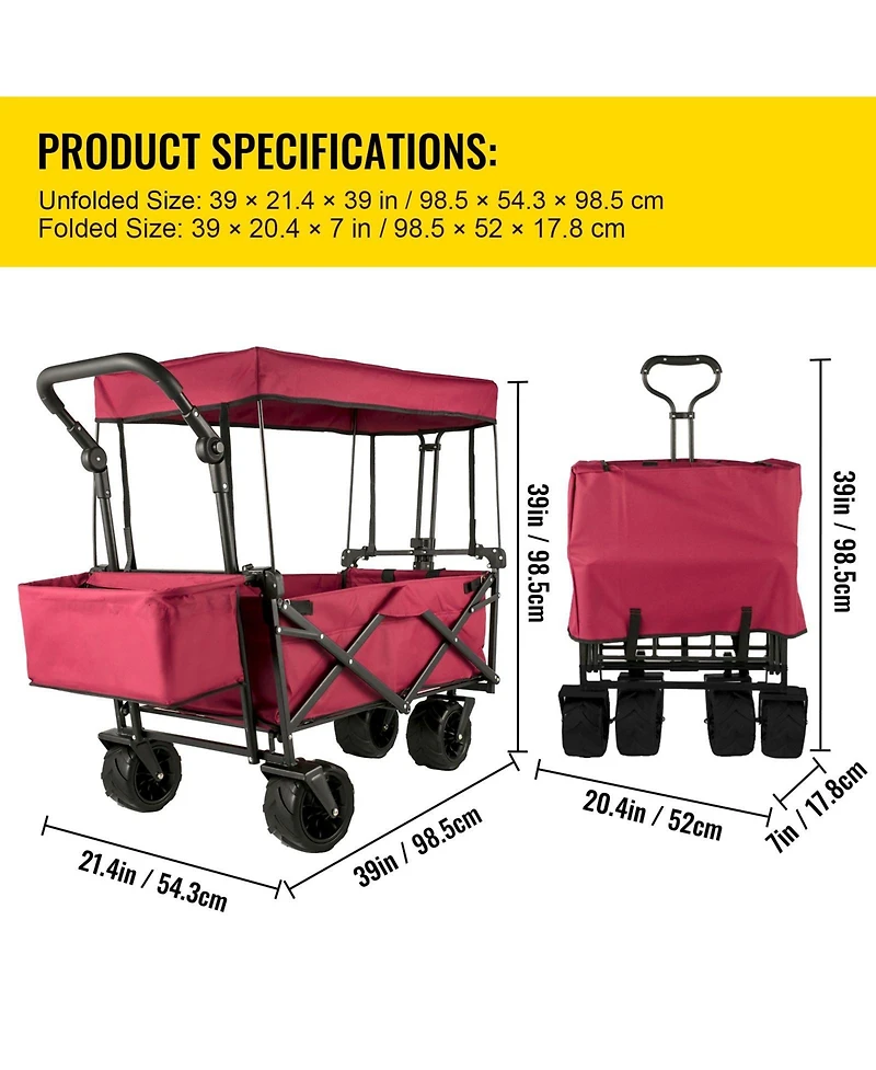 Mountaintop Extra Large Collapsible Garden Cart with Canopy, Rear Storage, Red Foldable Wagon for Garden, Camping, Grocery, Shopping