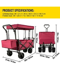Mountaintop Extra Large Collapsible Garden Cart with Canopy, Rear Storage, Red Foldable Wagon for Garden, Camping, Grocery, Shopping