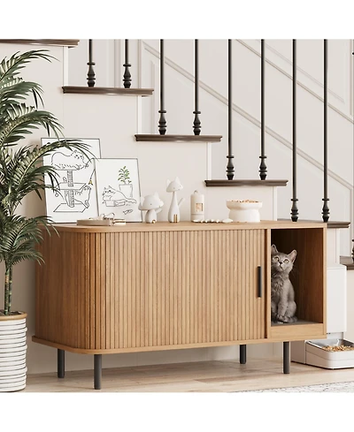 Vabches Cat Litter Box Enclosure with Cat Scratch Pad, Sliding Door, 37.4" Hidden Litter Box Enclosure Furniture, Modern Indoor Cat House