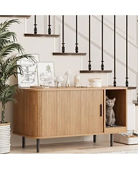 Vabches Cat Litter Box Enclosure with Cat Scratch Pad, Sliding Door, 37.4" Hidden Litter Box Enclosure Furniture, Modern Indoor Cat House